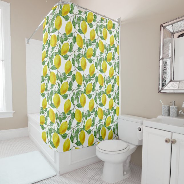 Lemon Lush White Shower Curtain (In Situ)