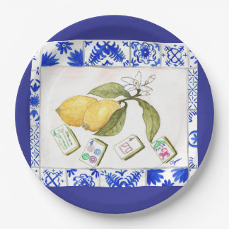 lemon mahjong blue paper plate