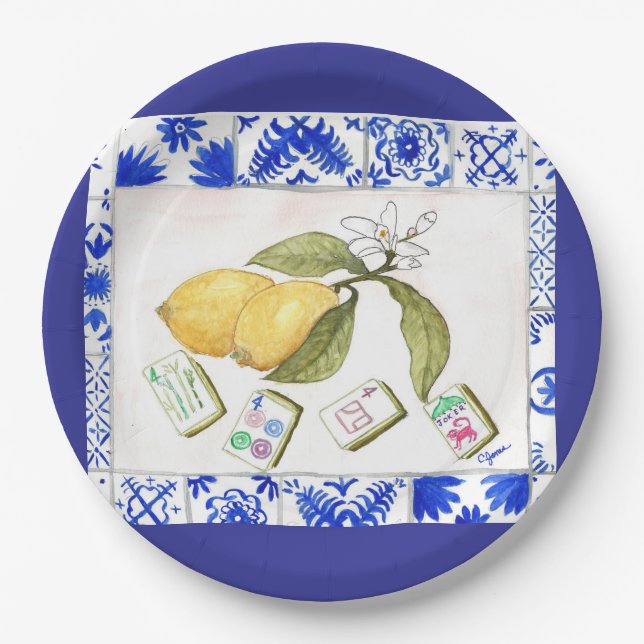 lemon mahjong blue paper plate (Front)