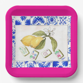 lemon mahjong fuchsia paper plate