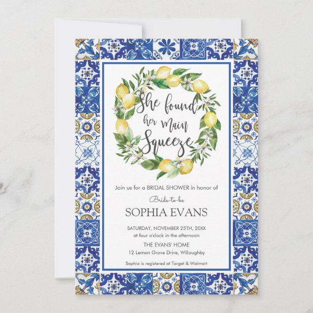 Lemon Main Squeeze Mediterranean Bridal Shower Invitation (Front)