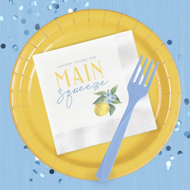 Lemon Main Squeeze Personalised Coined Cocktail Napkin (Personalized Main Squeeze Watercolor Lemon Bridal Shower Coined Paper Napkins - Pack of 50)
