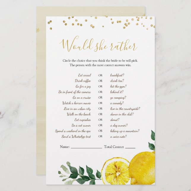 Lemon Main Squeeze Would She Rather Games (Front/Back)