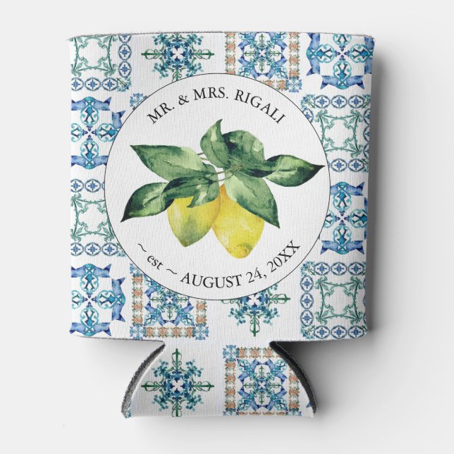 Lemon Mediterra Pattern Custom Wedding Can Coolers (Front)