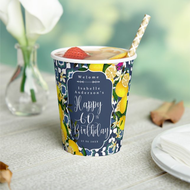 Lemon Mediterranean 60th Birthday Navy Paper Cups (Insitu)