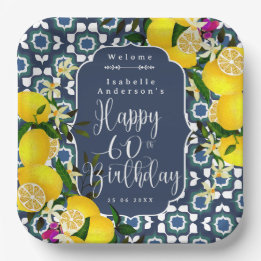 Lemon Mediterranean 60th Birthday Navy Paper Plate