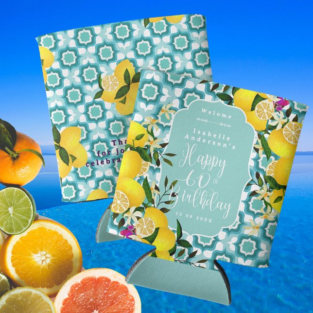 Lemon Mediterranean 60th Birthday Ocean Blue Can Cooler (Lemon Mediterranean 60th Birthday Ocean Blue Can Cooler)