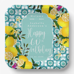 Lemon Mediterranean 60th Birthday Ocean Blue Paper Plate