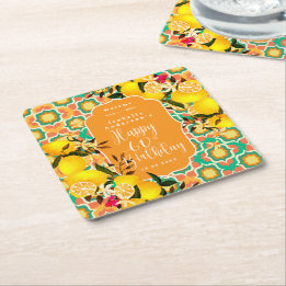Lemon Mediterranean 60th Birthday Orange Square Paper Coaster