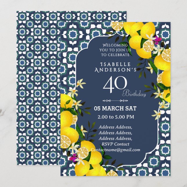 Lemon Mediterranean Blue 40th invitation (Front/Back)
