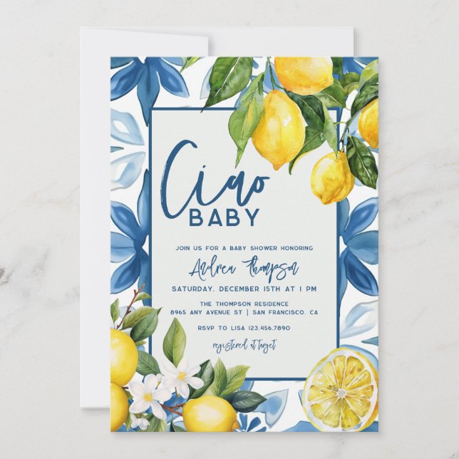 Lemon Mediterranean Blue Tile Baby Shower Invitation (Front)