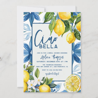 Lemon Mediterranean Blue Tile Bridal Shower Invitation