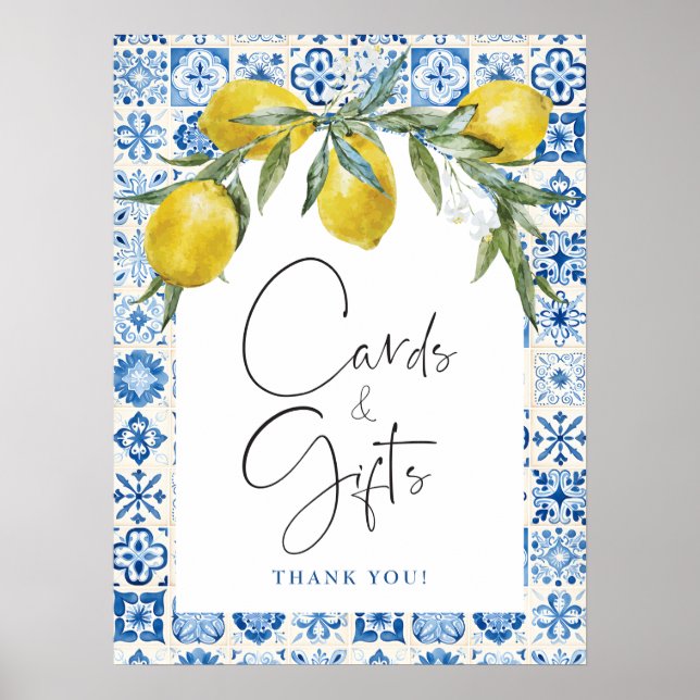 Lemon Mediterranean Blue Tile Cards Gifts Poster (Front)
