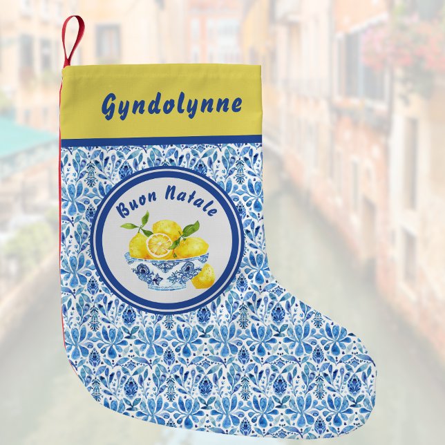 Lemon Mediterranean Buon Natale Azulejo Blue Toile Small Christmas Stocking (Creator Uploaded)
