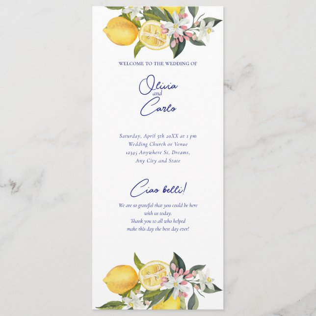 Lemon Mediterranean Ceremony Wedding Programme (Front)