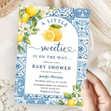 Lemon Mediterranean Citrus Baby Shower Blue Tiles