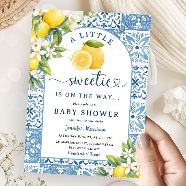Lemon Mediterranean Citrus Baby Shower Blue Tiles Invitation (Creator Uploaded)