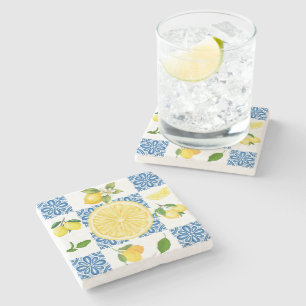 Lemon Mediterranean French Country Tile Pattern Stone Coaster