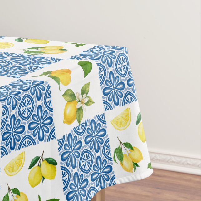 Lemon Mediterranean French Country Tile Pattern Tablecloth (In Situ)