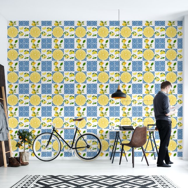 Lemon Mediterranean French Country Tile Pattern Wallpaper (Living Room)