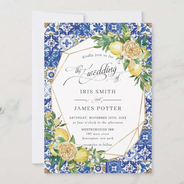 Lemon Mediterranean Greenery Geometric Wedding Invitation (Front)