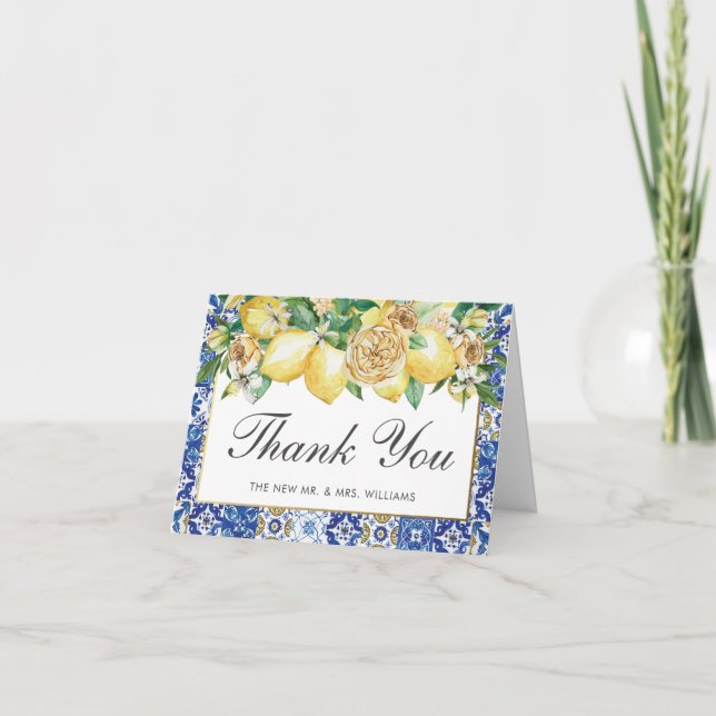 Lemon Mediterranean Mosaic Tiles Wedding Bridal Thank You Card (Front)