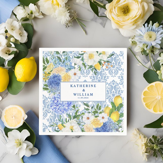 Lemon Mediterranean Tile Blue and Yellow floral Napkin (Creator Uploaded)
