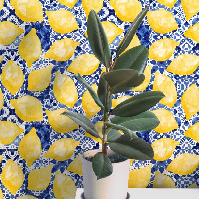 Lemon Mediterranean Tile Blue Yellow Watercolor Wallpaper (Mediterranean blue and white tiles with yellow citrus lemons pattern art peel and stick wallpaper )