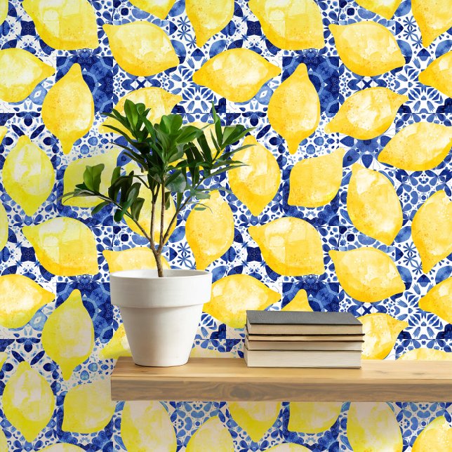 Lemon Mediterranean Tile Blue Yellow Watercolor Wallpaper (Mediterranean blue and white tiles with yello citrus lemons pattern art peel and stick wallpaper )