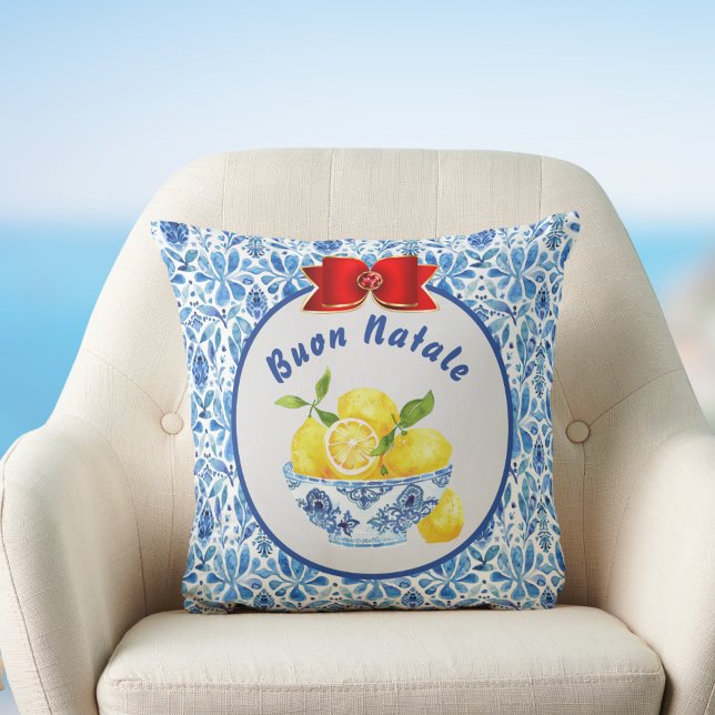 Lemon Mediterranean Tile Buon Natale Blue Red Bow Cushion (Creator Uploaded)