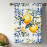 Lemon Mediterranean Tile  Tea Towel<br><div class="desc">Blue and white Mediterranean tile lemon kitchen towels. Beautiful painted lemons background. You can add text to personalise.</div>
