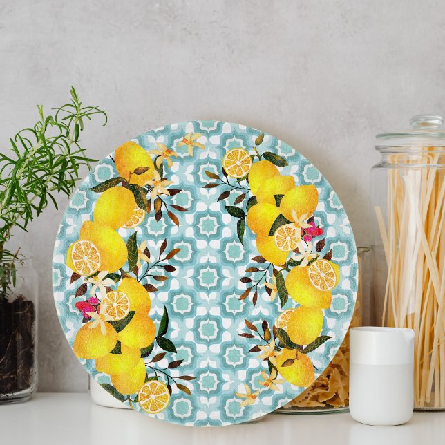 Lemon Mediterranean Tiles Blue Cutting Board (Lemon Mediterranean Tiles Blue Cutting Board)