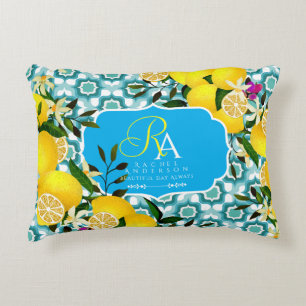 Lemon Mediterranean Tiles Blue Decorative Cushion