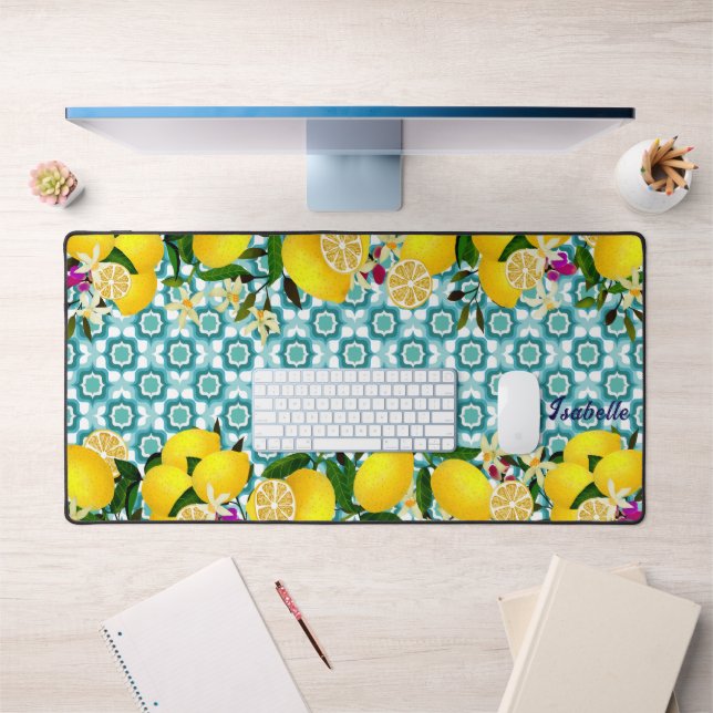 Lemon Mediterranean Tiles Blue Desk Mat (Office 1)