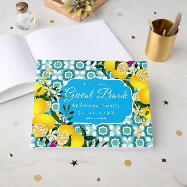 Lemon Mediterranean Tiles Blue Guest Book (Front Open)