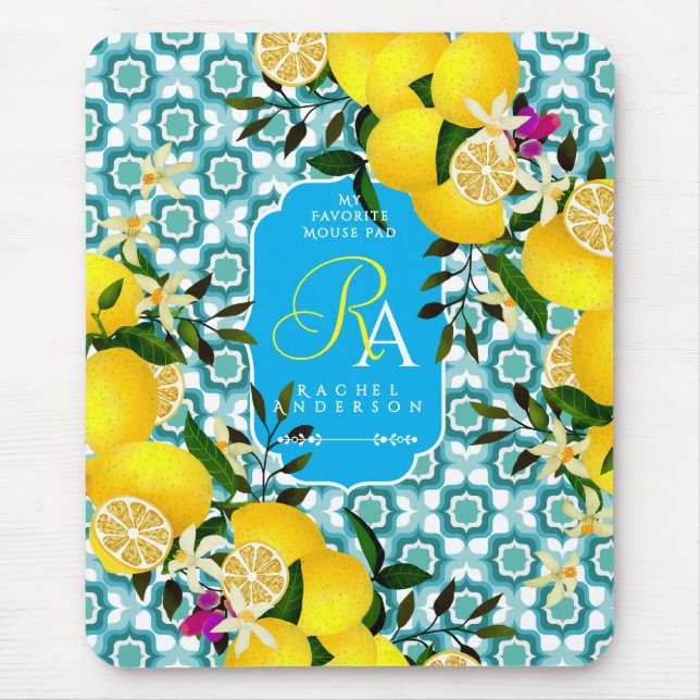Lemon Mediterranean Tiles Blue Mouse Pad (Front)