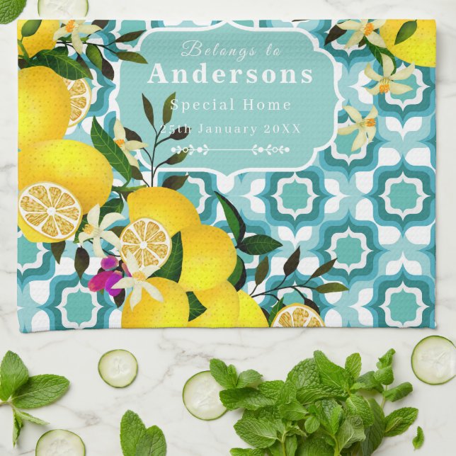 Lemon Mediterranean Tiles Blue  Tea Towel (Folded)