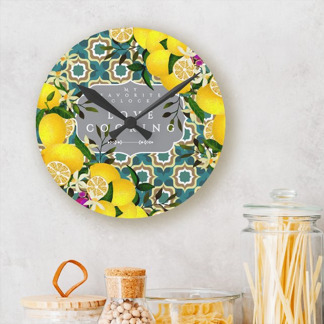 Lemon Mediterranean Tiles Grey Blue Round Clock (Lemon Mediterranean Tiles Grey Blue Round Clock)