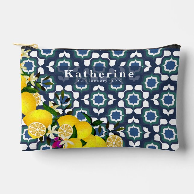 Lemon Mediterranean Tiles  Navy Blue White Accessory Pouch (Front)