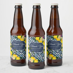 Lemon Mediterranean Tiles Navy Blue White Beer Bottle Label