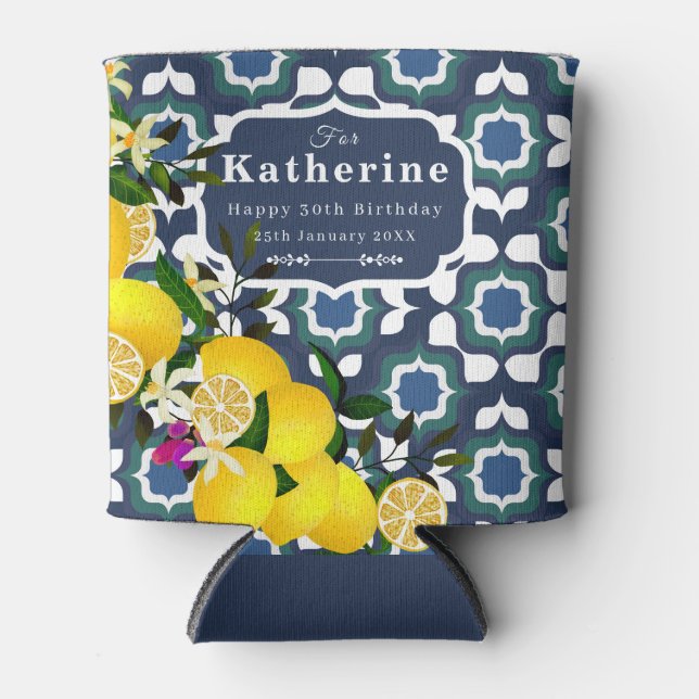 Lemon Mediterranean Tiles  Navy Blue White Can Cooler (Front)