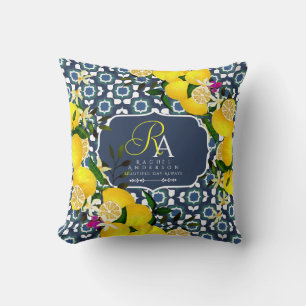 Lemon Mediterranean Tiles  Navy Blue White Cushion