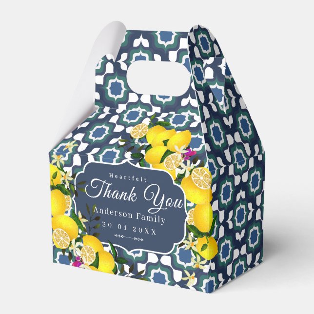 Lemon Mediterranean Tiles  Navy Blue White Favour Box (Front Side)
