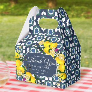 Lemon Mediterranean Tiles  Navy Blue White Favour Box