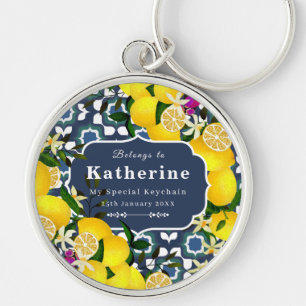 Lemon Mediterranean Tiles  Navy Blue White Key Ring