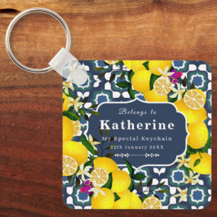 Lemon Mediterranean Tiles Navy Blue White Key Ring