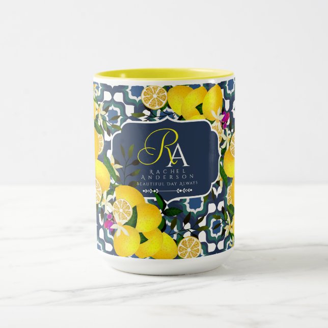 Lemon Mediterranean Tiles  Navy Blue White Mug (Center)