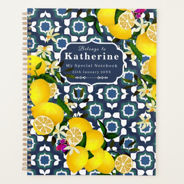 Lemon Mediterranean Tiles  Navy Blue White Planner (Front)