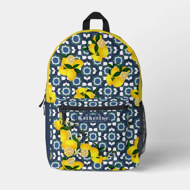 Lemon Mediterranean Tiles  Navy Blue White Printed Backpack (Front)