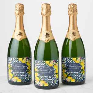 Lemon Mediterranean Tiles  Navy Blue White Sparkling Wine Label